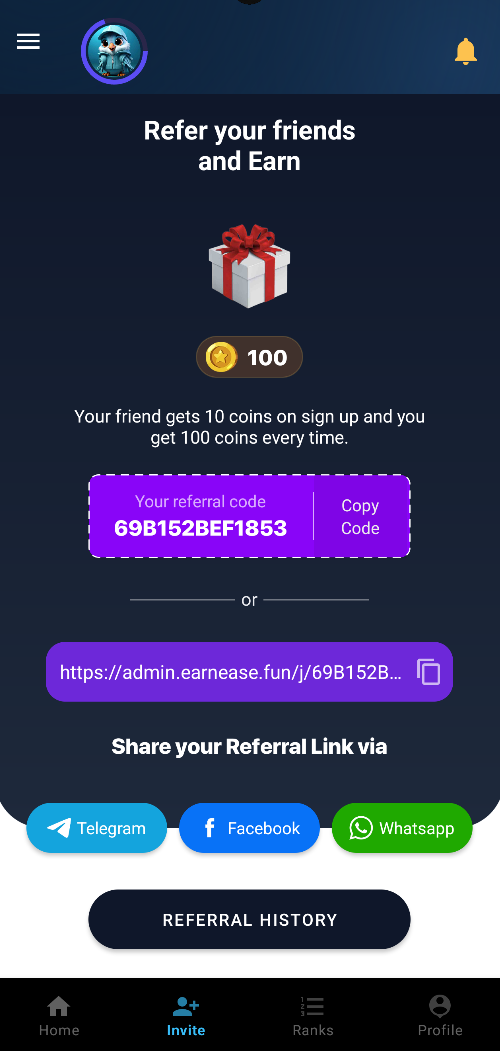Joy Arcade referral invite screen